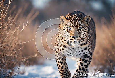 Graceful Amur leopard running in snowy terrain Stock Photo