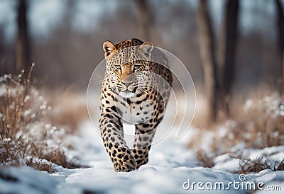 Graceful Amur leopard running in snowy terrain Stock Photo