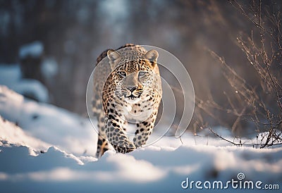 Graceful Amur leopard running in snowy terrain Stock Photo