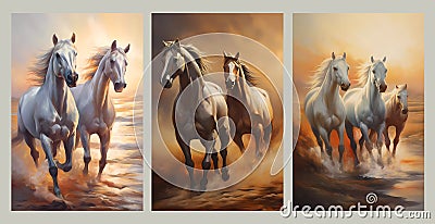 Graceful Arabian horses painted in oil colours and showing painting stands on the sandy shore during sunset Stock Photo