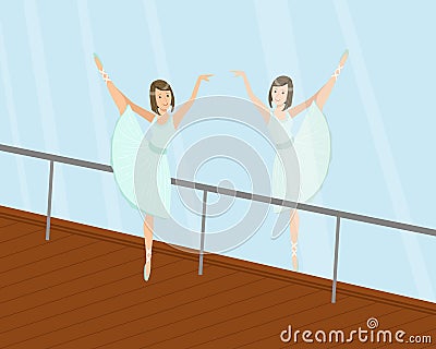 Graceful Ballerina Dancer in White Dress Doing Exercises at Barre in Dance Hall Vector Illustration Vector Illustration