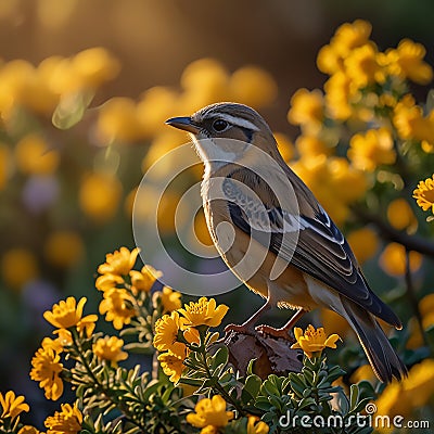 A bird Illuminated by Golden Light Among Yellow Blooms. Stock Photo