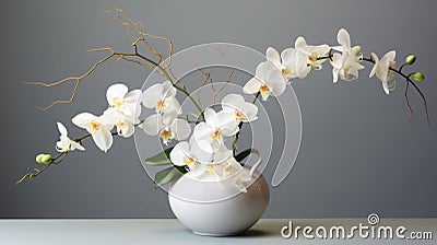 A graceful branch of a white orchid in a vase on a gray background. Stock Photo