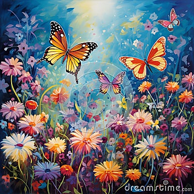 Graceful Butterflies Dancing Amongst Colorful Flowers in a Serene Garden Stock Photo