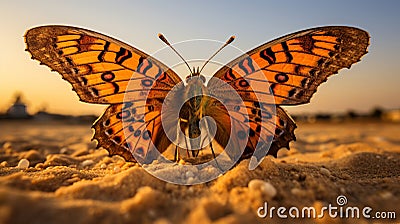 Graceful butterfly resting on soft sandy beach, exquisite macro photography capturing serene beauty Stock Photo