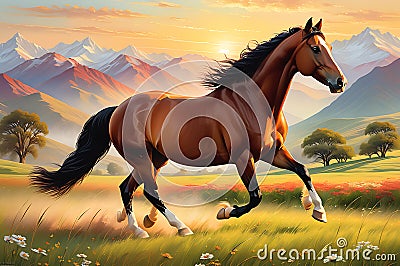 Graceful Canter: Horse Engaging in a Trot Across a Serene Meadow - Ideal for Wall Decoration in Oil Painting Stock Photo