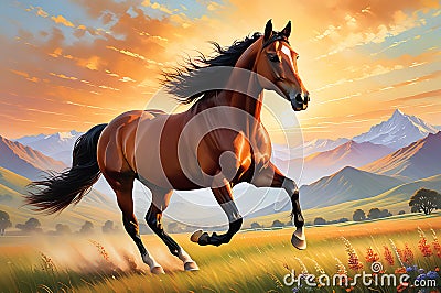 Graceful Canter: Horse Engaging in a Trot Across a Serene Meadow - Ideal for Wall Decoration in Oil Painting Stock Photo