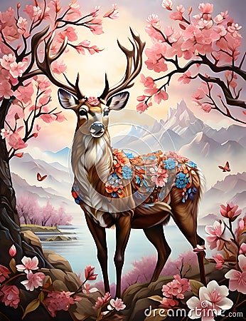 A graceful deer standing amidst a vibrant orchard of almond blossoms, animal design Stock Photo