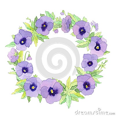 Graceful delicate watercolor purple garden pansy wreath frame Stock Photo