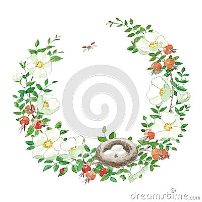 Beautiful cosy vintage hand drawn watercolor white rosehip wreath frame Stock Photo