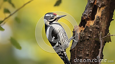 The Graceful Downy Woodpecker Clinging to the Bark of a Majestic Tree. Generative AI Stock Photo