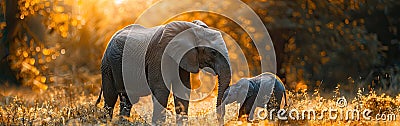 Graceful Elephant Mother and Calf Grazing Peacefully in the African Savannah Landscape Stock Photo