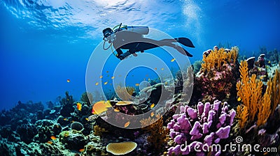 Graceful Exploration: Scuba Diver Amidst Vibrant Coral Reefs Stock Photo
