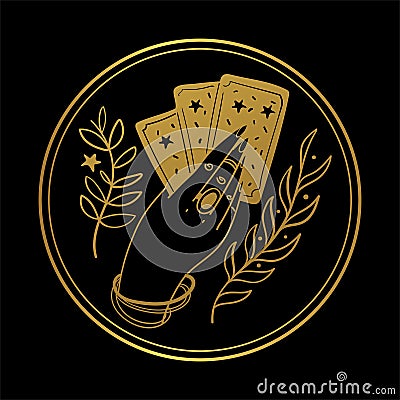 Graceful female hand of a gypsy woman holds tarot cards. Round gold icon on a black background. The concept of Vector Illustration