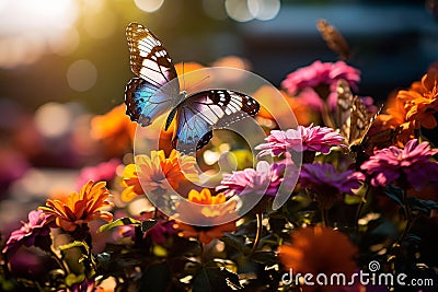 Graceful Flight: Vibrant Butterflies Amidst a Lush Garden Stock Photo