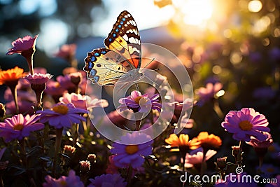 Graceful Flight: Vibrant Butterflies Amidst a Lush Garden Stock Photo