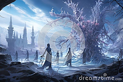 Graceful frost faeries, creating intricate ice sculptures in frozen landscapes - Generative AI Stock Photo