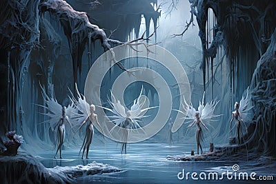 Graceful frost faeries, creating intricate ice sculptures in frozen landscapes - Generative AI Stock Photo