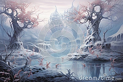 Graceful frost faeries, creating intricate ice sculptures in frozen landscapes - Generative AI Stock Photo