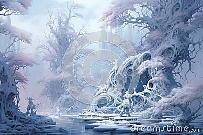 Graceful frost faeries, creating intricate ice sculptures in frozen landscapes - Generative AI Stock Photo