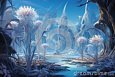 Graceful frost faeries, creating intricate ice sculptures in frozen landscapes - Generative AI Stock Photo