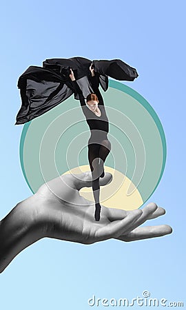 Graceful girl ballet dancer dancing on human hand. Art collage. Stock Photo