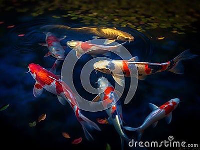 The Graceful Glide of Koi Fish in a Tranquil Pond Stock Photo