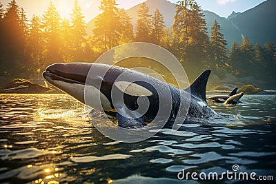 Graceful Harmony: Dolphins and Humpback Whale in Turquoise Waters Stock Photo