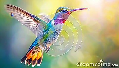 Graceful hummingbirds flying, poised to sip nectar from vibrant and colorful flowers Stock Photo