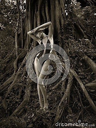 Graceful lady in a mighty tree Stock Photo
