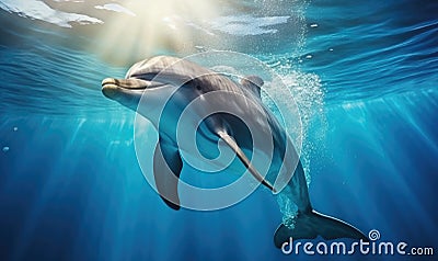 With a graceful leap, the dolphin soared through the air before plunging into the crystal-clear water Stock Photo