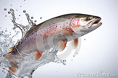 Graceful Leap Salmon in Mid-Air, Captured Against a Pristine White Backdrop. created with Generative AI Stock Photo