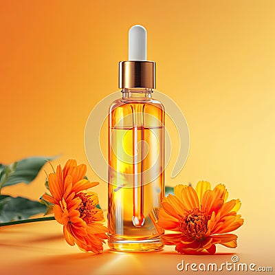 Graceful luxury cosmetic calendula extract face serum ad template.Face skin oil with calendula extract. Realistic face Cartoon Illustration