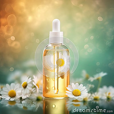 Graceful luxury cosmetic chamomile extract face serum ad template.Face skin oil with chamomile extract. Realistic face Cartoon Illustration