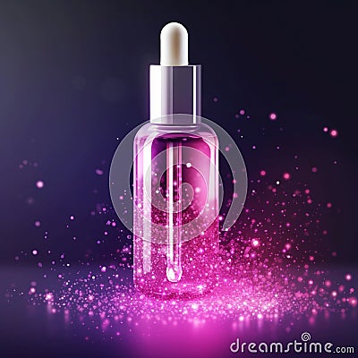 Graceful luxury cosmetic face serum ad template with manu glowing miracles paticles around.Face skin oil . Realistic Cartoon Illustration