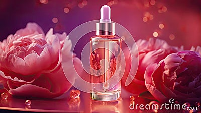 Graceful luxury cosmetic peony extract face serum ad template.Face skin oil with peony extract. Realistic face moisture Cartoon Illustration