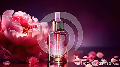 Graceful luxury cosmetic peony extract face serum ad template.Face skin oil with peony extract. Realistic face moisture Cartoon Illustration