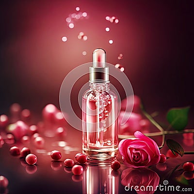 Graceful luxury cosmetic rose face serum ad template.Face skin oil with rose extract. Realistic face moisture serum Cartoon Illustration