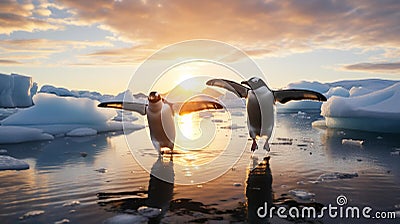 Graceful Penguins Sliding on Pristine Ice in Golden Morning Light Stock Photo