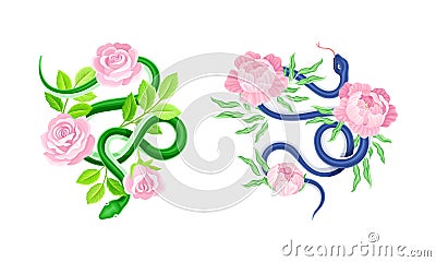 Graceful Snakes Coiled Around Beautiful Blooming Pink Rose and Peony Flowers Vector Set Vector Illustration