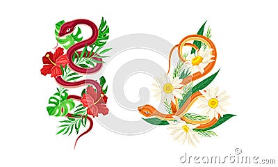 Graceful Snakes Coiled Around Beautiful Blooming Red Hibiscus and Daisy Flower Vector Set Vector Illustration