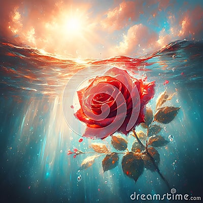 Graceful Submersion: A Rose Flower Floating in Tranquil Waters. Stock Photo