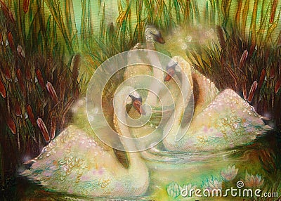 Graceful swans in love swimming together, illustration collage Cartoon Illustration