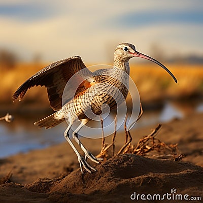 Graceful wader: Long-billed Curlew, Numenius americanus, inhabits lush wetlands. Stock Photo