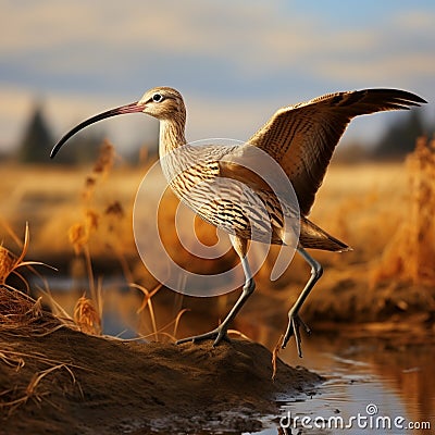 Graceful wader: Long-billed Curlew, Numenius americanus, inhabits lush wetlands. Stock Photo