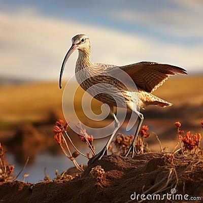 Graceful wader: Long-billed Curlew, Numenius americanus, inhabits lush wetlands. Stock Photo