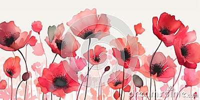 Graceful Watercolor Poppies for Wall Art or Stationery in Peppermint Colors. Stock Photo