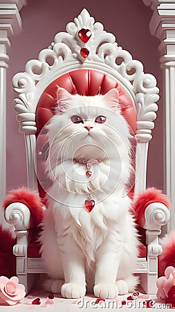 graceful white cat with red eyes, decorated with a red jeweled collar, created by Generative Ai Stock Photo