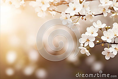 Graceful white cherry blossom on enchanting magical bokeh background with ample text placement space Stock Photo