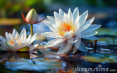 Graceful white water lily in full bloom, symbolizing serenity, harmony, and natural beauty Stock Photo